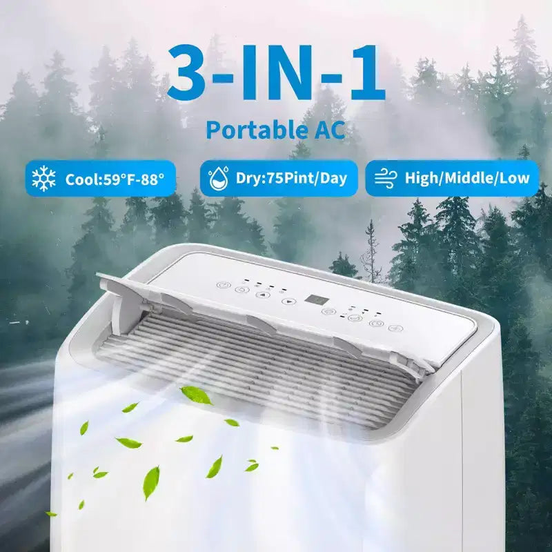 Unidad de aire acondicionado portátil de 14,000 BTU, enfriador, deshumidificador, ventilador, deshumidificación automática, panel táctil LED, kit de ventilación para ventana con control remoto
