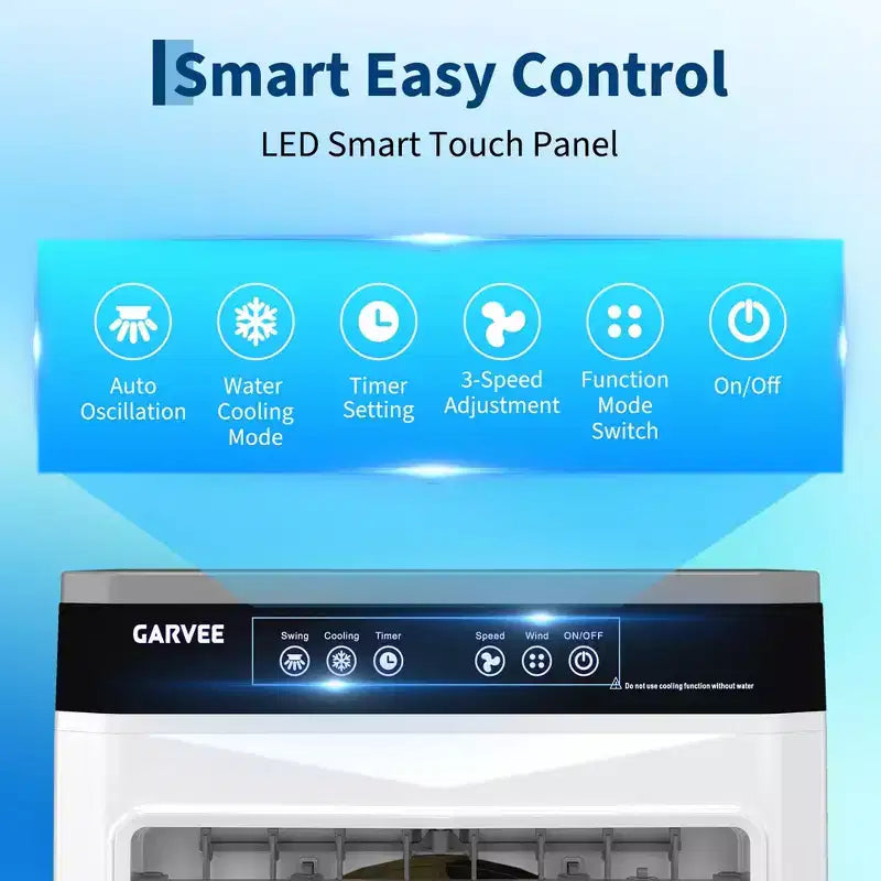 Enfriador de aire evaporativo con tanque de agua, 4 acumuladores de frío, 3 velocidades, oscilación de 120°, control remoto y temporizador de 12 h, 150 W, portátil de suelo
