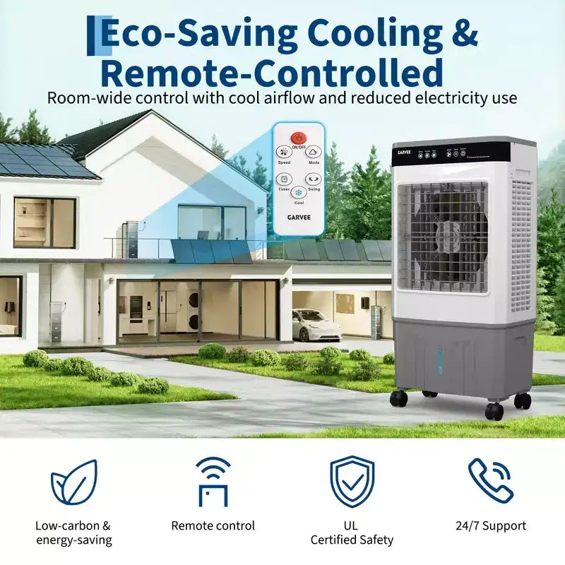Enfriador de aire evaporativo con tanque de agua, 4 acumuladores de frío, 3 velocidades, oscilación de 120°, control remoto y temporizador de 12 h, 150 W, portátil de suelo