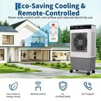 Enfriador de aire evaporativo con tanque de agua, 4 acumuladores de frío, 3 velocidades, oscilación de 120°, control remoto y temporizador de 12 h, 150 W, portátil de suelo