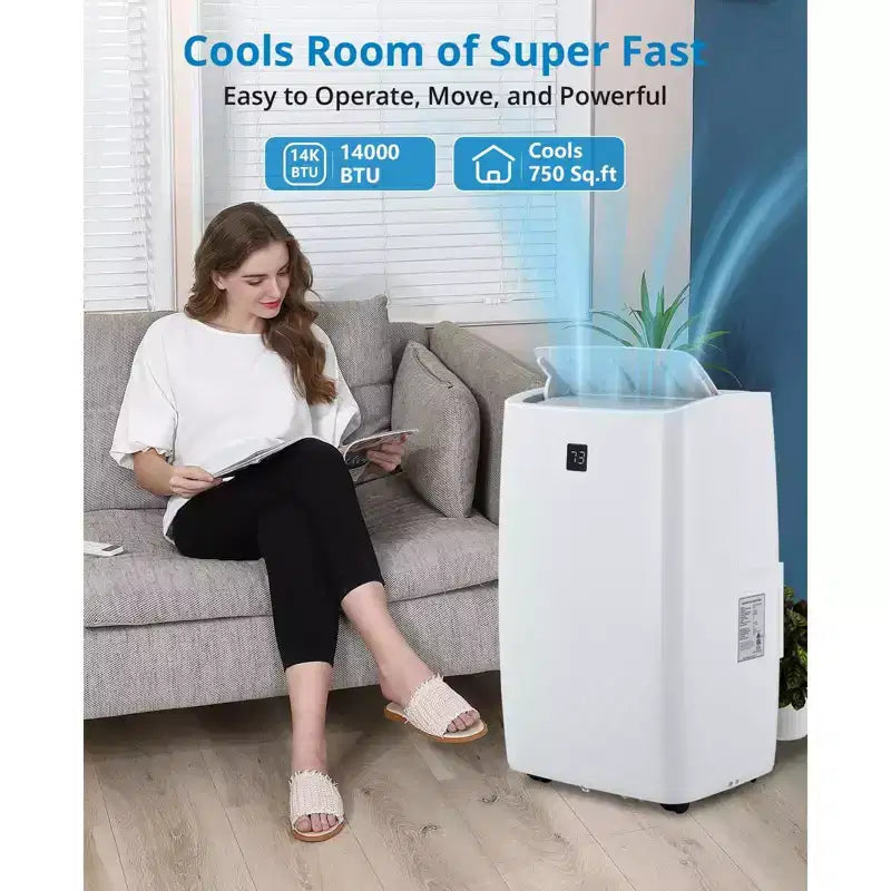 Unidad de aire acondicionado portátil de 14000 BTU, aire acondicionado con control remoto, funciones de frío, ventilador y deshumidificación, modo de suspensión/temporizador de 24 horas, enfría 65 m²
