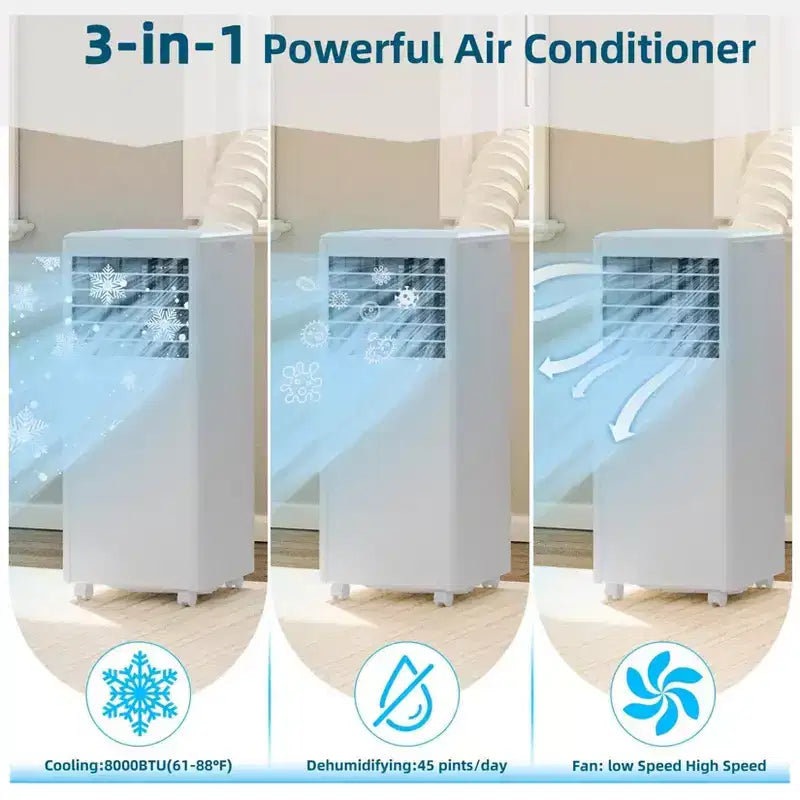 Aire acondicionado portátil de 8000 BTU - CA 3 en 1 para habitaciones de hasta 32.5 m² con control remoto y kit para ventana