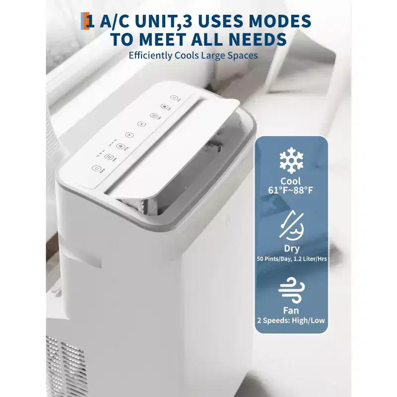 Aire Acondicionado Portátil de 15,000 BTU, Unidad de CA Portátil 3 en 1 con Deshumidificador y Ventilador, Modo de Reposo, Control Remoto y Panel LED, Enfría 850 Sq.Ft., Silencioso