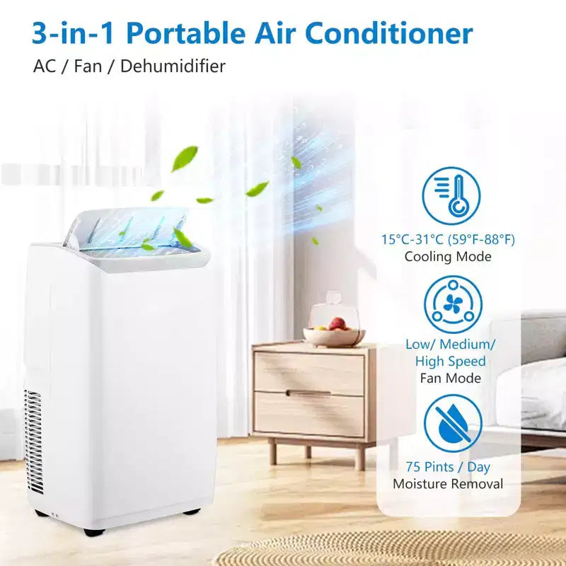 Aire acondicionado portátil | Aire acondicionado de 14000 BTU enfría hasta 65 m² | con control remoto, ventilador de CA, deshumidificador | Bajo nivel de ruido | Modo de suspensión | Ideal para el hogar