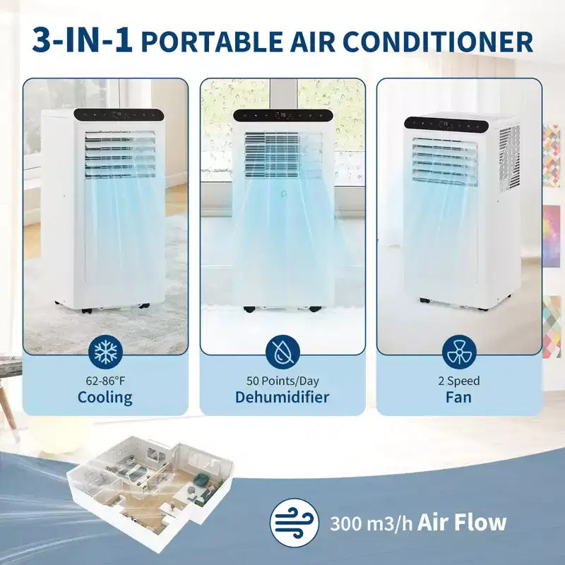 Aire acondicionado portátil de 8.000 BTU, 3 en 1 (1 paquete) para habitaciones de hasta 32,5 m² | Diseño compacto con kit de ventana y temporizador de 24 horas
