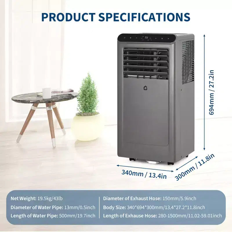 Aire Acondicionado Portátil de 10,000 BTU 3 en 1 Gris/Negro (1 unidad) para Habitaciones de hasta 41,8 m² | Incluye Control Remoto, Kit para Ventana y Temporizador de 24 horas para Casa/Hotel