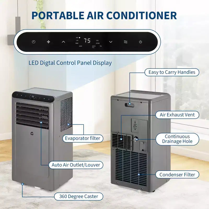 Aire Acondicionado Portátil de 10,000 BTU 3 en 1 Gris/Negro (1 unidad) para Habitaciones de hasta 41,8 m² | Incluye Control Remoto, Kit para Ventana y Temporizador de 24 horas para Casa/Hotel