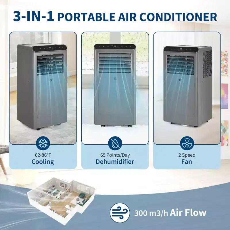 Aire Acondicionado Portátil de 10,000 BTU 3 en 1 Gris/Negro (1 unidad) para Habitaciones de hasta 41,8 m² | Incluye Control Remoto, Kit para Ventana y Temporizador de 24 horas para Casa/Hotel