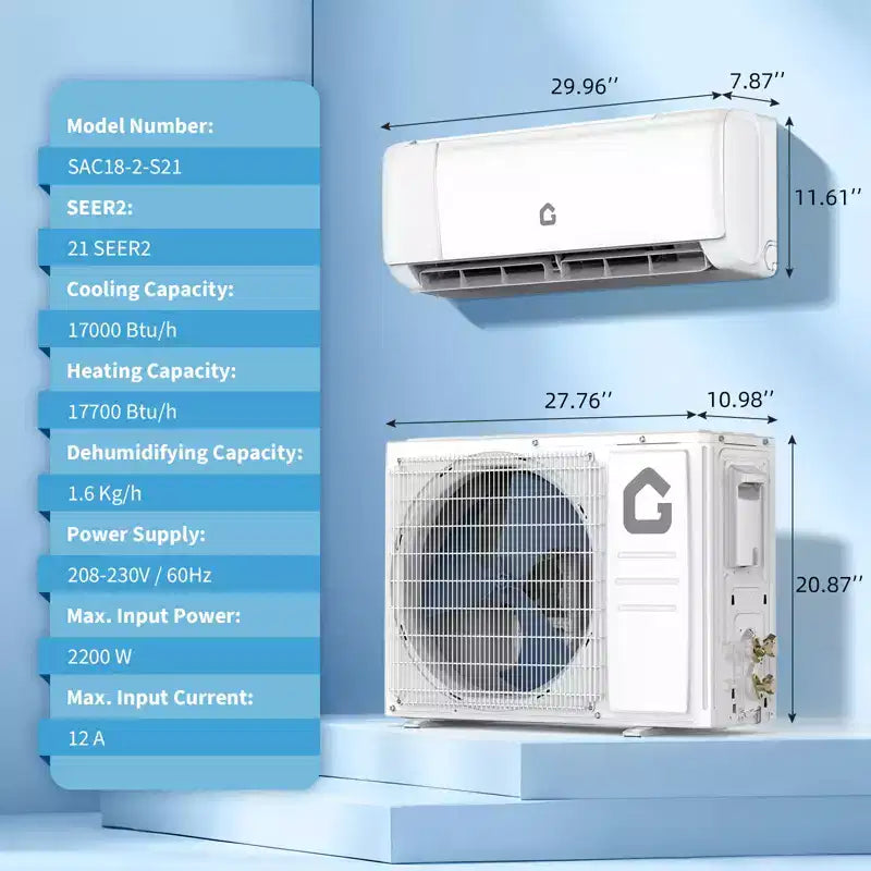 Aire Acondicionado y Calefactor Mini Split de 12000/18000 BTU de Eficiencia Energética, 21 SEER2, Inverter Silencioso Sin Ductos, con WiFi, 230V, Enfría y Calienta hasta 93 metros cuadrados
