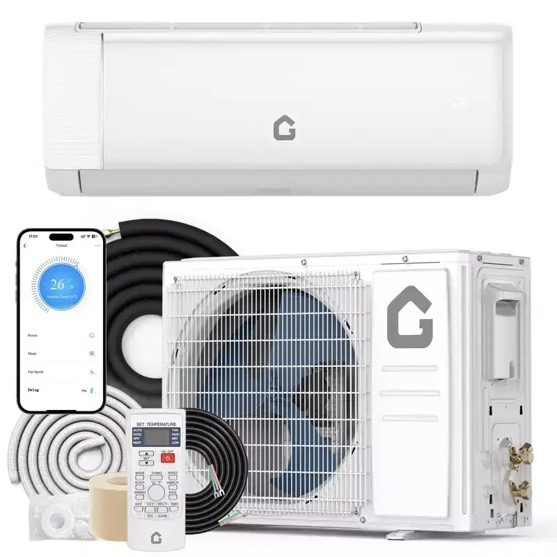 Aire Acondicionado y Calefactor Mini Split de 12000/18000 BTU de Eficiencia Energética, 21 SEER2, Inverter Silencioso Sin Ductos, con WiFi, 230V, Enfría y Calienta hasta 93 metros cuadrados