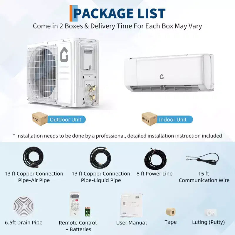 Aire Acondicionado y Calefactor Mini Split de 12000/18000 BTU de Eficiencia Energética, 21 SEER2, Inverter Silencioso Sin Ductos, con WiFi, 230V, Enfría y Calienta hasta 93 metros cuadrados
