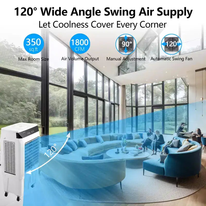 Enfriador Evaporativo Portátil con Oscilación de 120, 3 Modos y Velocidades, Ventilador de Enfriamiento por Agua para Uso en Interiores/Exteriores en Patio, Garaje y Comercial