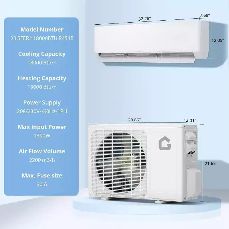 Aire acondicionado/bomba de calor Mini Split de 18.000 BTU y 23 SEER2 - WiFi/Alexa, ultrasilencioso, 208-230 V, blanco, enfría/calienta 116 m², kit de instalación completo