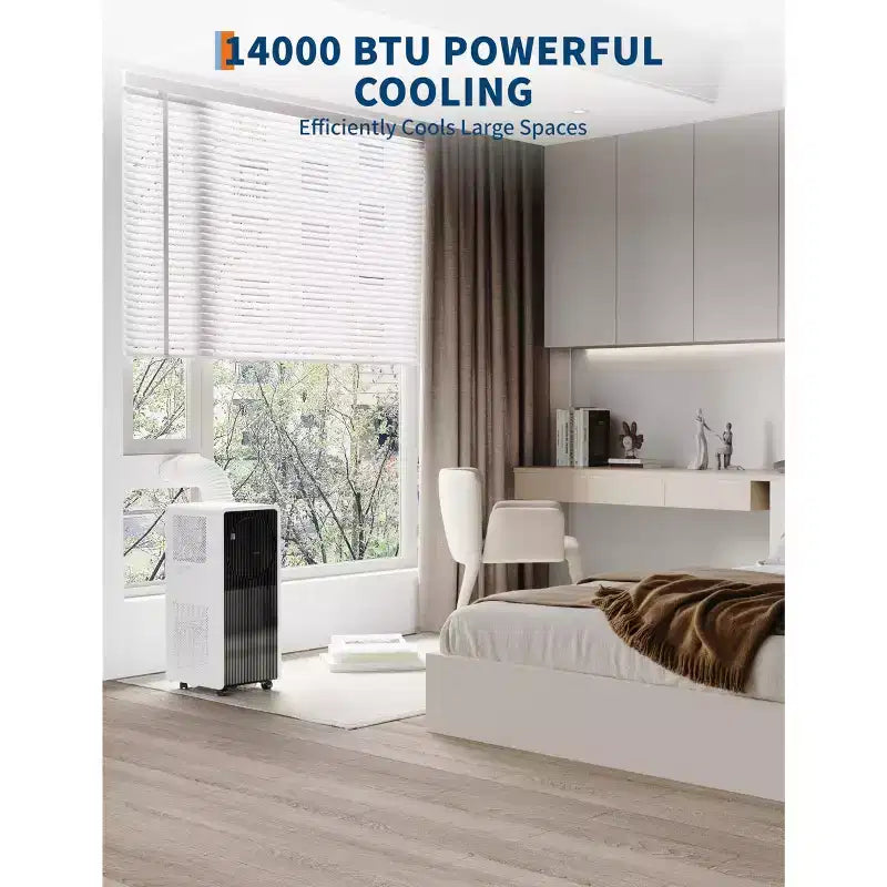 Aire Acondicionado Portátil 3 en 1 de 14,000 BTU - Blanco/Negro, Enfría 70 m², Ultra Silencioso, Incluye Control Remoto para Dormitorio/Sala de Estar/Oficina