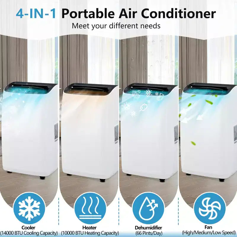 Aire acondicionado portátil de 14,000 BTU - Unidad de suelo blanca 4 en 1 (1 paquete) para habitaciones grandes de hasta 70 m² | Calefactor y deshumidificador incluidos