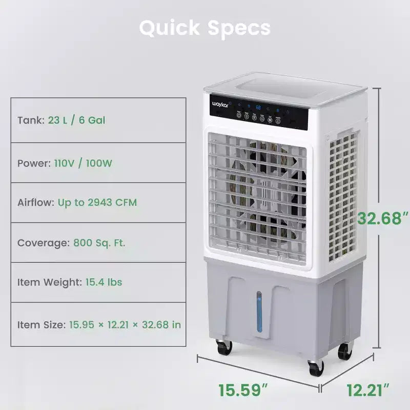 Waykar 2943-3531CFM Enfriador de Aire Evaporativo Portátil/Aire Acondicionado con 3 Velocidades de Enfriamiento