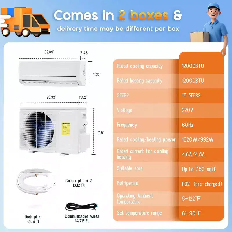 AMERLIFE Aire Acondicionado Mini Split de 12,000 BTU con Bomba de Calor, Inverter 220V, Control WiFi, Cobertura de 70 metros cuadrados