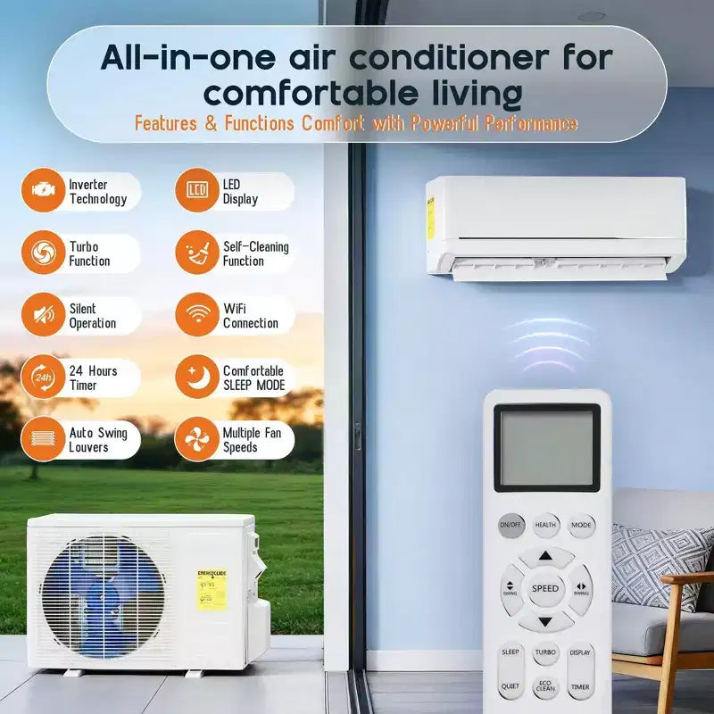 AMERLIFE Aire Acondicionado Mini Split de 12,000 BTU con Bomba de Calor, Inverter 220V, Control WiFi, Cobertura de 70 metros cuadrados