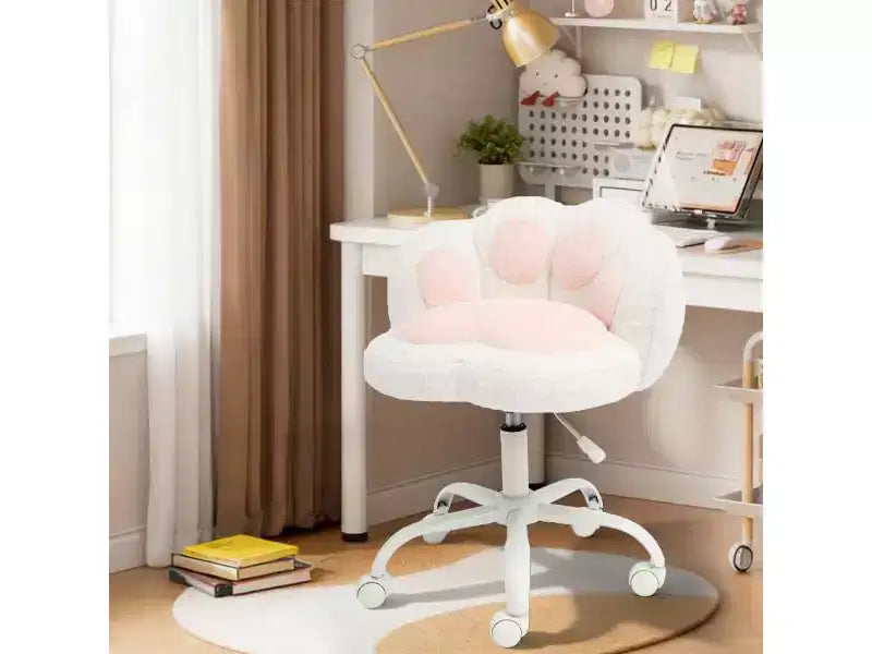 Silla de tocador con respaldo de gato, silla giratoria ajustable en altura, linda silla de escritorio con ruedas de tela de peluche para oficina en el dormitorio
