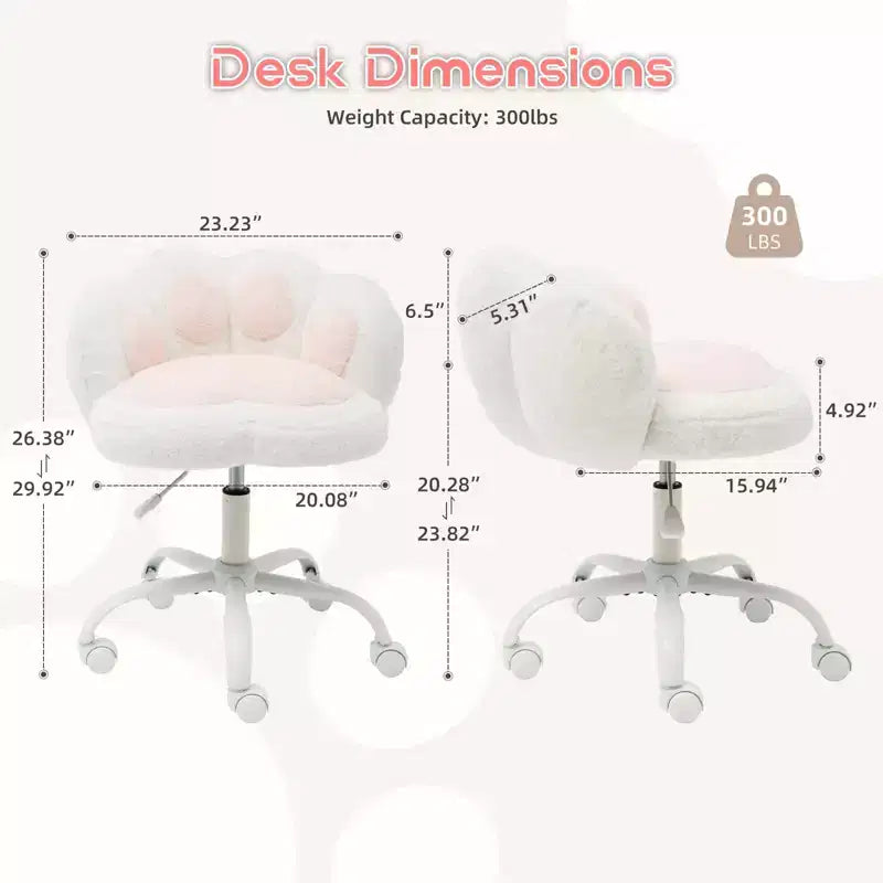 Silla de tocador con respaldo de gato, silla giratoria ajustable en altura, linda silla de escritorio con ruedas de tela de peluche para oficina en el dormitorio