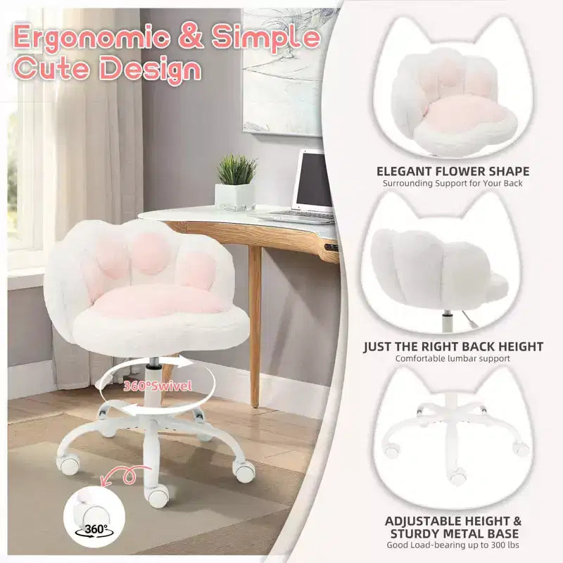 Silla de tocador con respaldo de gato, silla giratoria ajustable en altura, linda silla de escritorio con ruedas de tela de peluche para oficina en el dormitorio