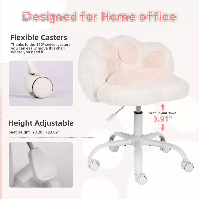 Silla de tocador con respaldo de gato, silla giratoria ajustable en altura, linda silla de escritorio con ruedas de tela de peluche para oficina en el dormitorio