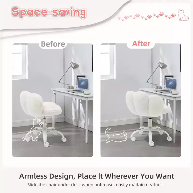 Silla de tocador con respaldo de gato, silla giratoria ajustable en altura, linda silla de escritorio con ruedas de tela de peluche para oficina en el dormitorio