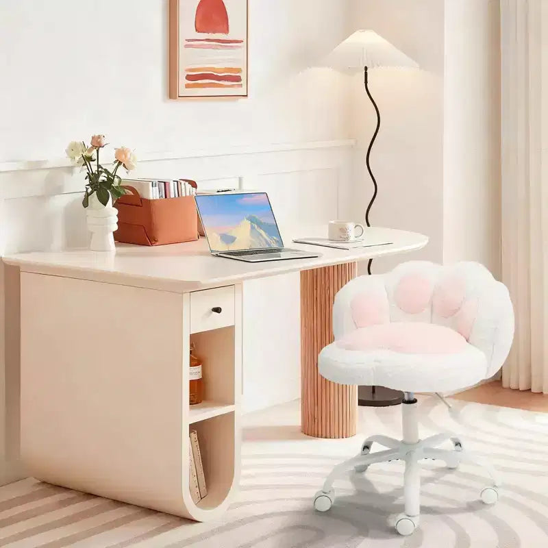 Silla de tocador con respaldo de gato, silla giratoria ajustable en altura, linda silla de escritorio con ruedas de tela de peluche para oficina en el dormitorio