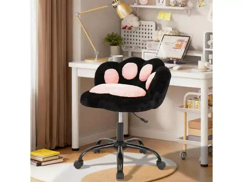 Silla de tocador con respaldo de gato, silla giratoria ajustable en altura, linda silla de escritorio con ruedas de tela de peluche para oficina en el dormitorio