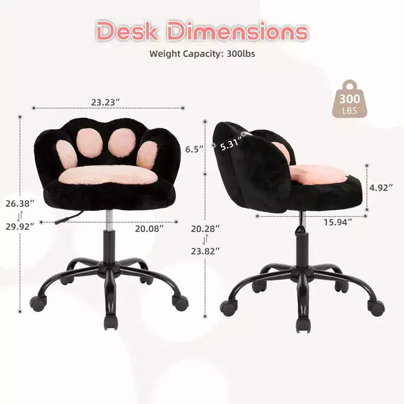 Silla de tocador con respaldo de gato, silla giratoria ajustable en altura, linda silla de escritorio con ruedas de tela de peluche para oficina en el dormitorio