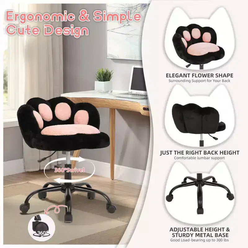 Silla de tocador con respaldo de gato, silla giratoria ajustable en altura, linda silla de escritorio con ruedas de tela de peluche para oficina en el dormitorio