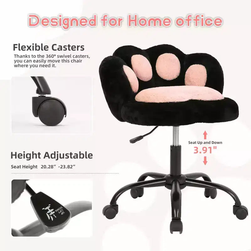 Silla de tocador con respaldo de gato, silla giratoria ajustable en altura, linda silla de escritorio con ruedas de tela de peluche para oficina en el dormitorio