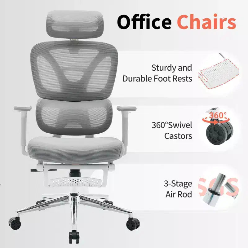 Silla de oficina ergonómica de malla con soporte lumbar, reposacabezas y reposapiés ajustables, reposabrazos 3D, silla giratoria para usuarios de gran peso