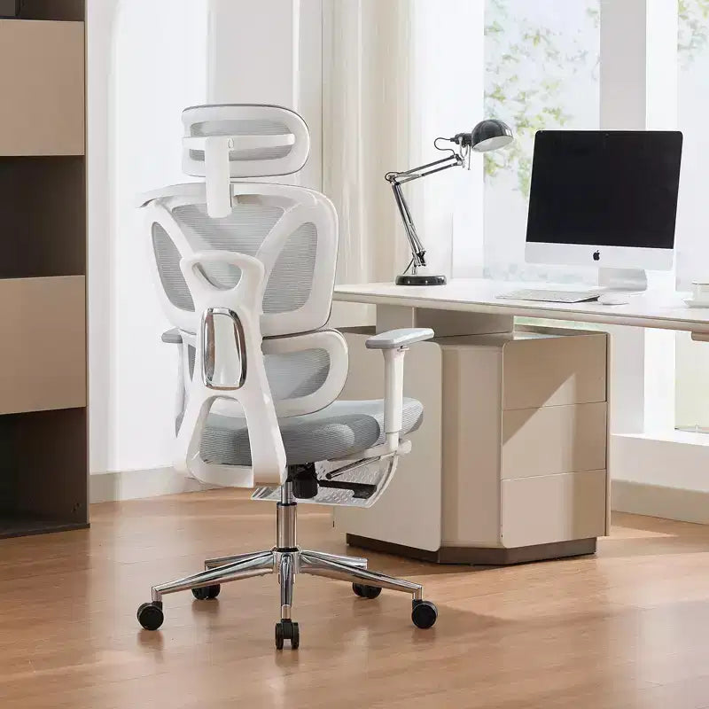 Silla de oficina ergonómica de malla con soporte lumbar, reposacabezas y reposapiés ajustables, reposabrazos 3D, silla giratoria para usuarios de gran peso