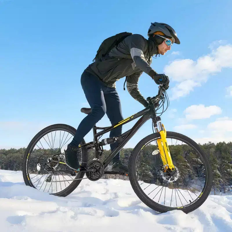 Bicicleta de montaña NAYSAYE de 29 pulgadas con 24 velocidades, suspensión delantera y frenos de disco dobles para aventuras al aire libre en senderos, negro, 57.87*9.45*30.91