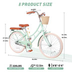 Bicicleta de paseo NAYSAYE para niñas con cesta delantera y cuadro de acero resistente para un cómodo transporte urbano al aire libre, verde, 58.39*24.53*36.93
