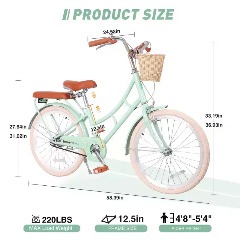 Bicicleta de paseo NAYSAYE para niñas con cesta delantera y cuadro de acero resistente para un cómodo transporte urbano al aire libre, verde, 58.39*24.53*36.93