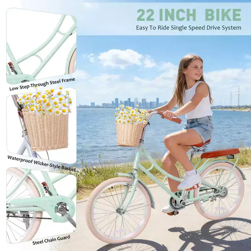 Bicicleta de paseo NAYSAYE para niñas con cesta delantera y cuadro de acero resistente para un cómodo transporte urbano al aire libre, verde, 58.39*24.53*36.93