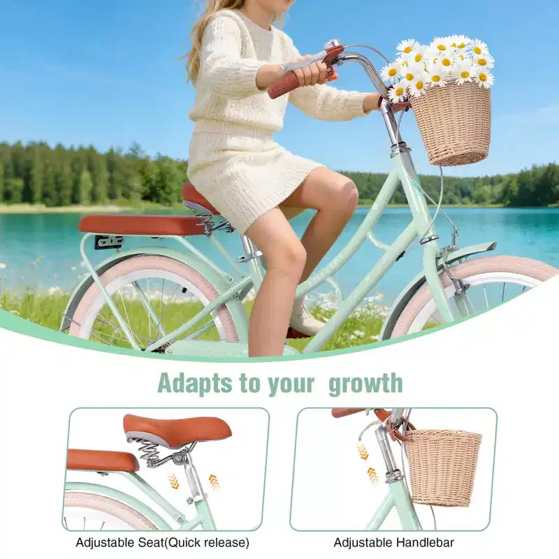 Bicicleta de paseo NAYSAYE para niñas con cesta delantera y cuadro de acero resistente para un cómodo transporte urbano al aire libre, verde, 58.39*24.53*36.93