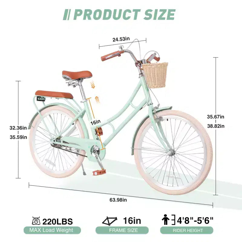 NAYSAYE Bicicleta de paseo para mujer con cesta delantera y cuadro resistente para un cómodo viaje urbano al aire libre, Verde, 63.98*24.53*38.82