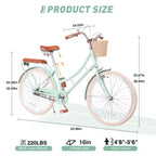 NAYSAYE Bicicleta de paseo para mujer con cesta delantera y cuadro resistente para un cómodo viaje urbano al aire libre, Verde, 63.98*24.53*38.82