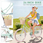 NAYSAYE Bicicleta de paseo para mujer con cesta delantera y cuadro resistente para un cómodo viaje urbano al aire libre, Verde, 63.98*24.53*38.82