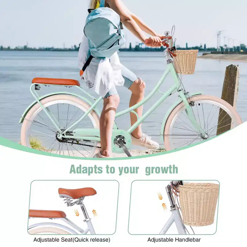 NAYSAYE Bicicleta de paseo para mujer con cesta delantera y cuadro resistente para un cómodo viaje urbano al aire libre, Verde, 63.98*24.53*38.82