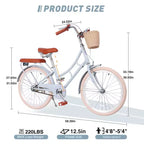 Bicicleta de paseo de playa para niñas NAYSAYE con cesta delantera y cuadro de acero resistente para un cómodo desplazamiento urbano al aire libre, azul, 58.39*24.53*36.93