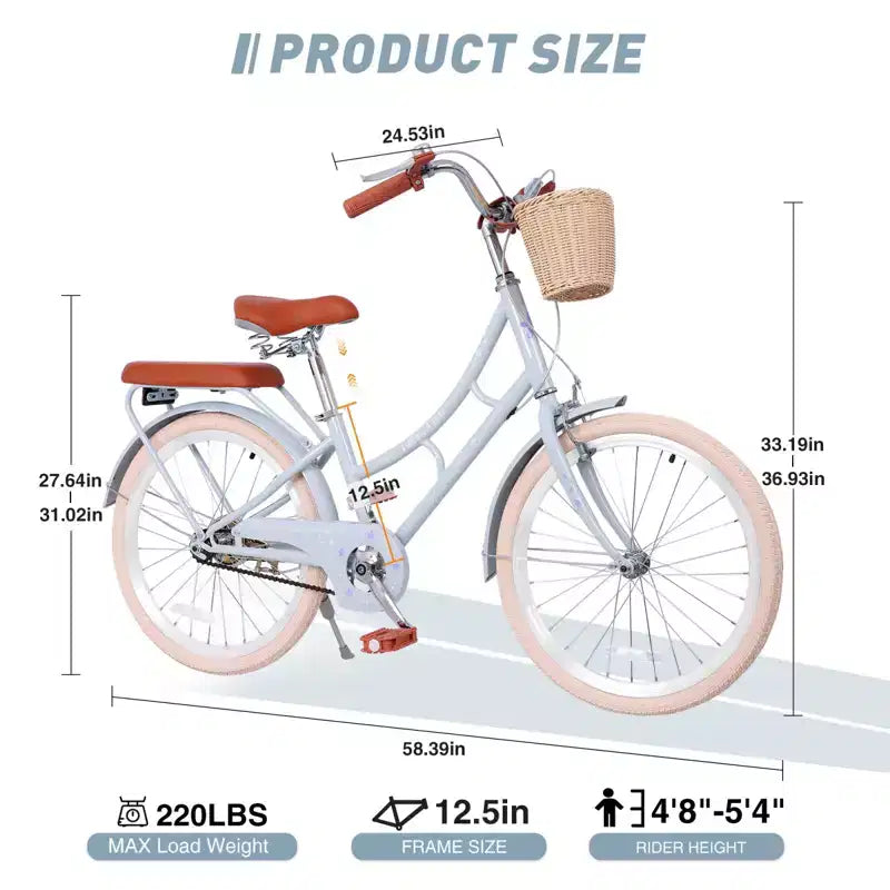 Bicicleta de paseo de playa para niñas NAYSAYE con cesta delantera y cuadro de acero resistente para un cómodo desplazamiento urbano al aire libre, azul, 58.39*24.53*36.93