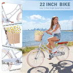Bicicleta de paseo de playa para niñas NAYSAYE con cesta delantera y cuadro de acero resistente para un cómodo desplazamiento urbano al aire libre, azul, 58.39*24.53*36.93