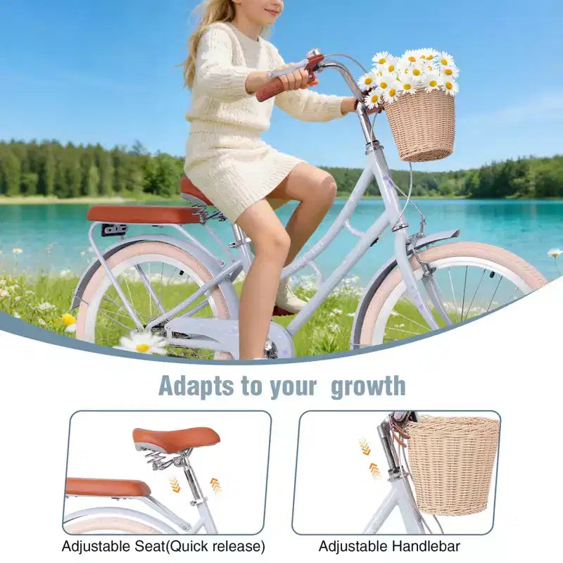 Bicicleta de paseo de playa para niñas NAYSAYE con cesta delantera y cuadro de acero resistente para un cómodo desplazamiento urbano al aire libre, azul, 58.39*24.53*36.93