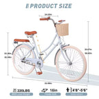 Bicicleta de paseo para mujer NAYSAYE con cesta delantera y cuadro resistente para un cómodo desplazamiento urbano al aire libre, azul, 63.98*24.53*38.82
