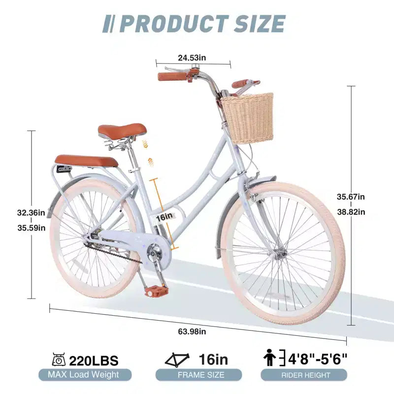 Bicicleta de paseo para mujer NAYSAYE con cesta delantera y cuadro resistente para un cómodo desplazamiento urbano al aire libre, azul, 63.98*24.53*38.82