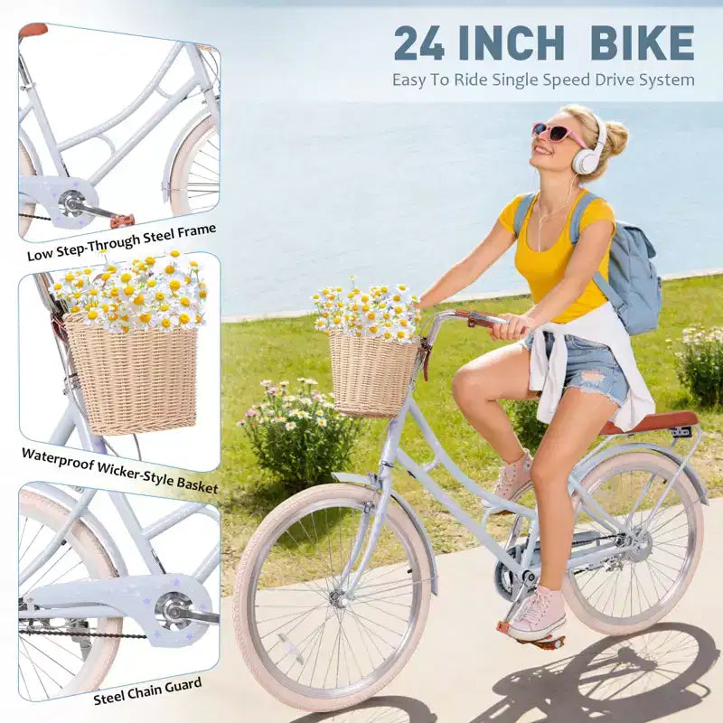 Bicicleta de paseo para mujer NAYSAYE con cesta delantera y cuadro resistente para un cómodo desplazamiento urbano al aire libre, azul, 63.98*24.53*38.82